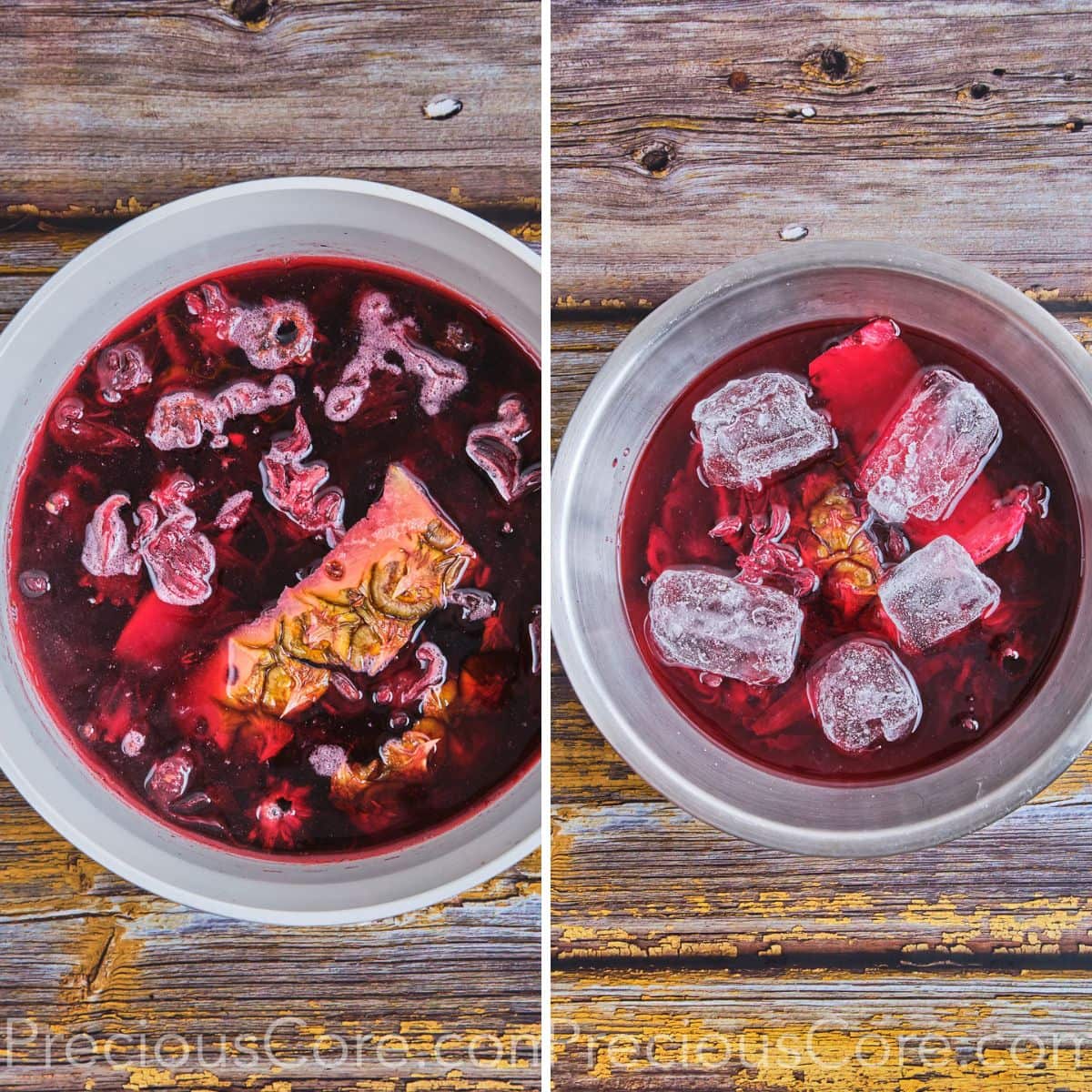 Boiled hibiscus drink with pineapple peels being cooled with ice.