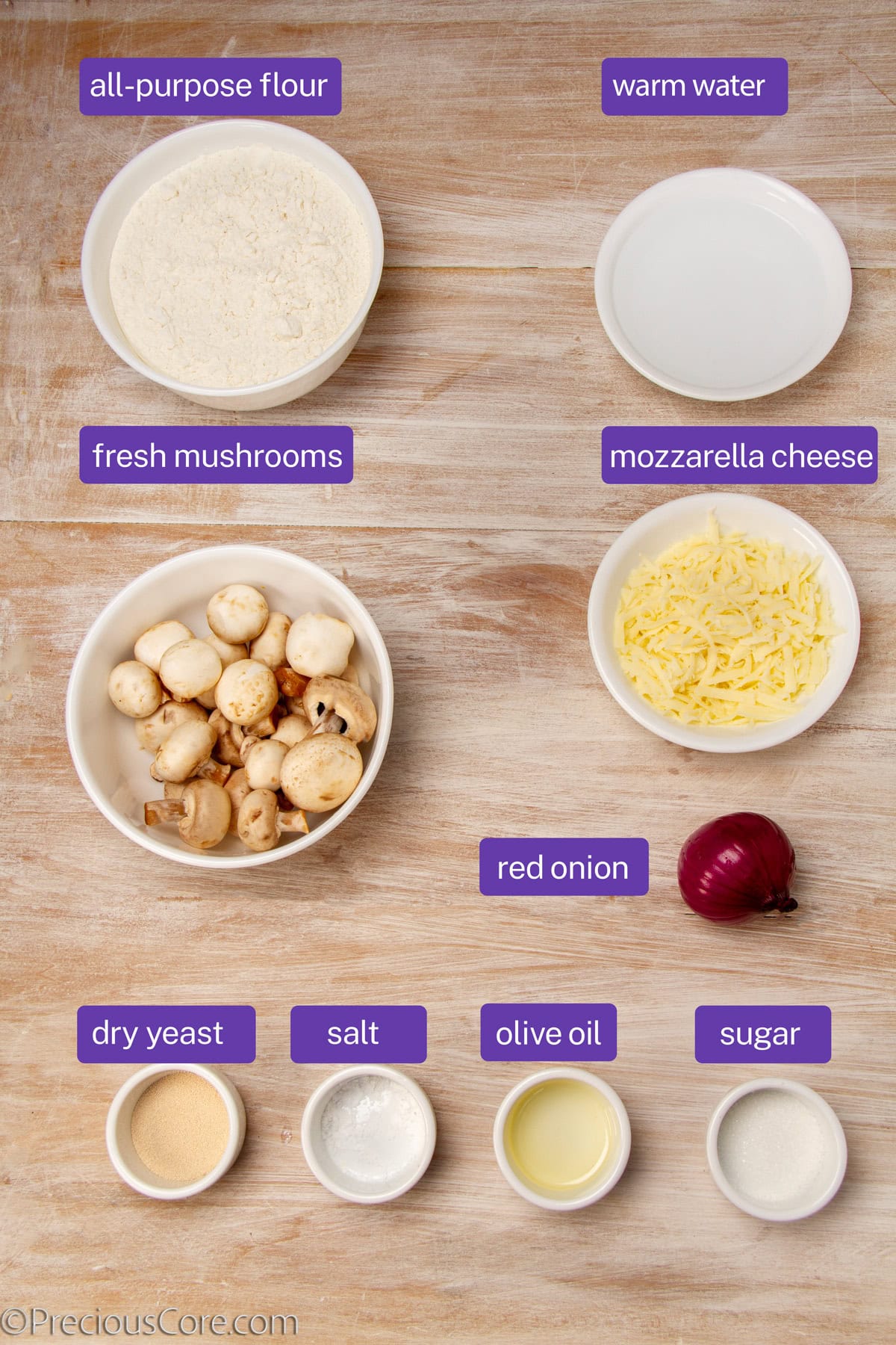 Ingredients for easy mushroom pizza.