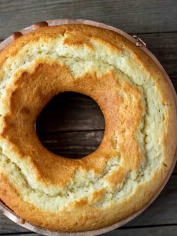 Yogurt cake in a bundt baking dish