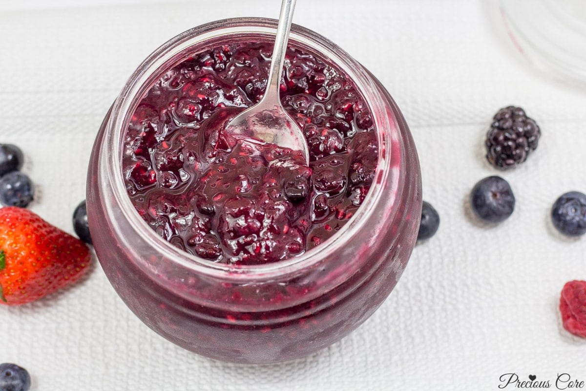 Mixed berry jam in a jar.