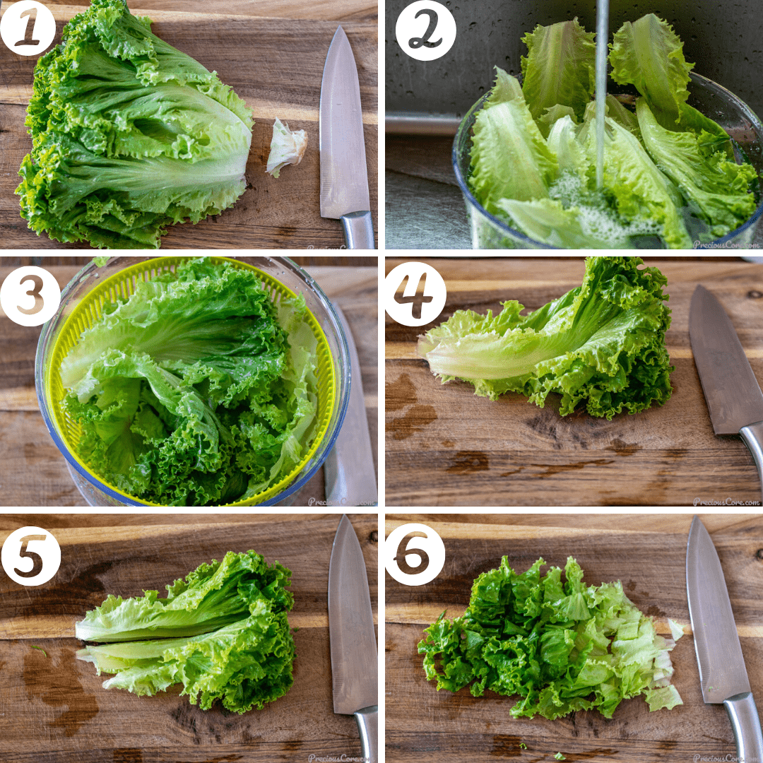 Step but step photos showing how to cut lettuce for salad.