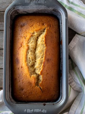 Baked vanilla pound cake in loaf pan