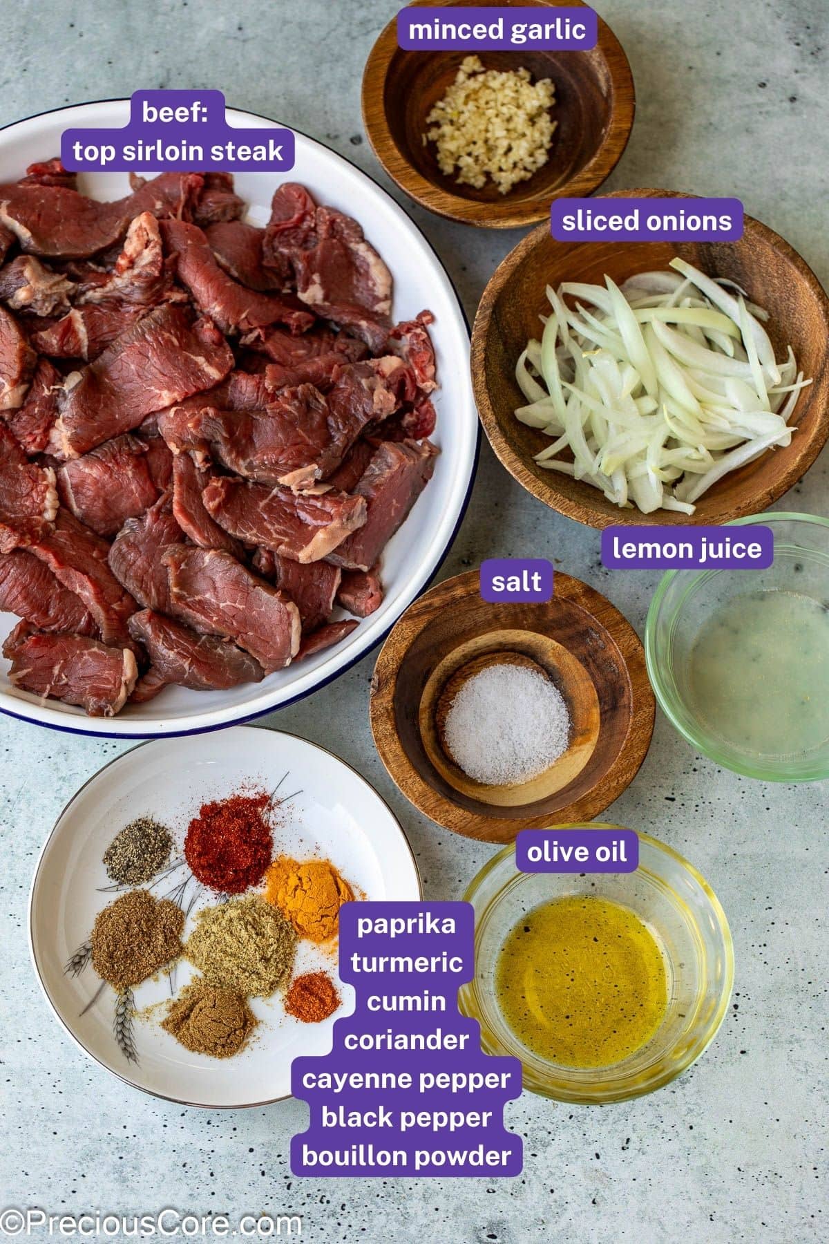Ingredients for making beef shawarma.