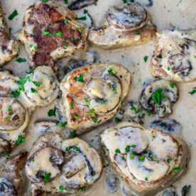 Cooked pork tenderloin in a creamy sauce with mushrooms.