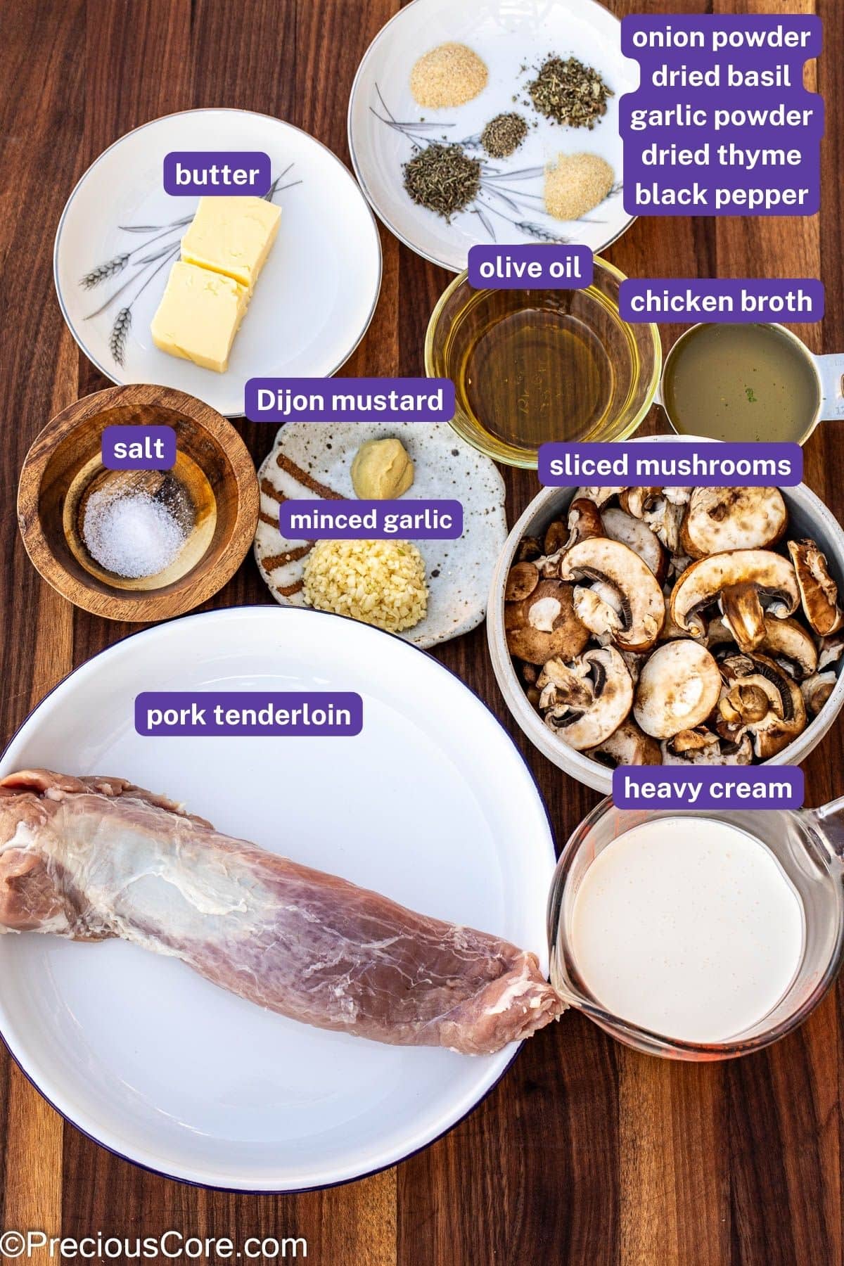 Ingredients for pork tenderloin in creamy mushroom sauce with labels on them.
