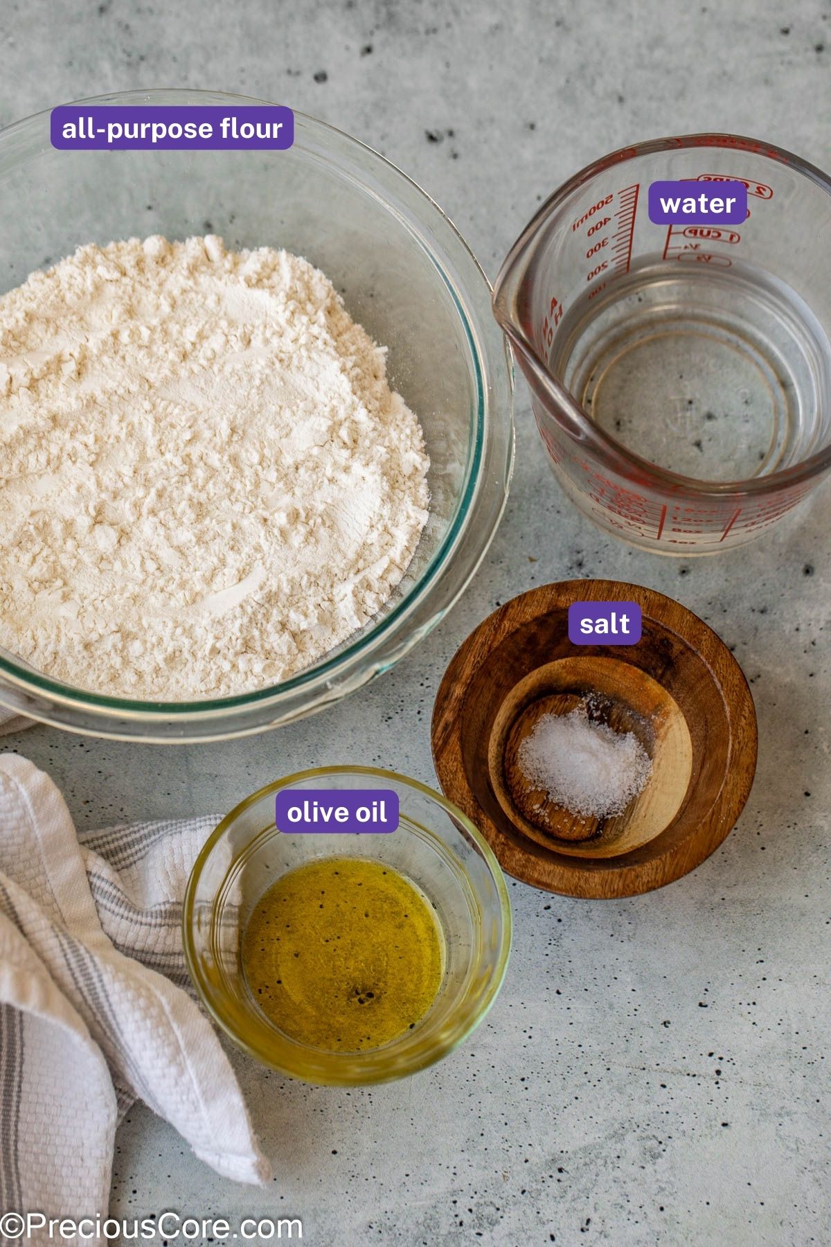 Measured ingredients for shawarma bread.
