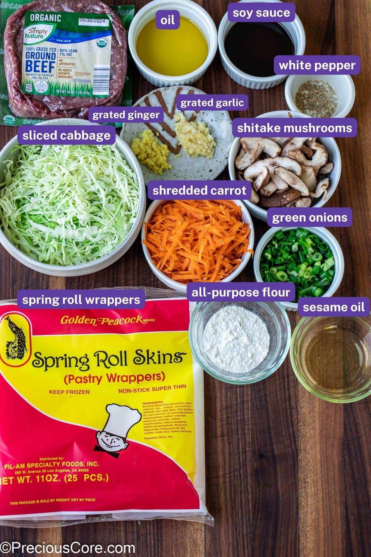 Ingredients needed for homemade beef spring rolls.