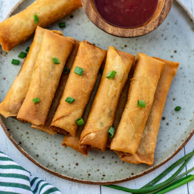 Square image of beef spring rolls.