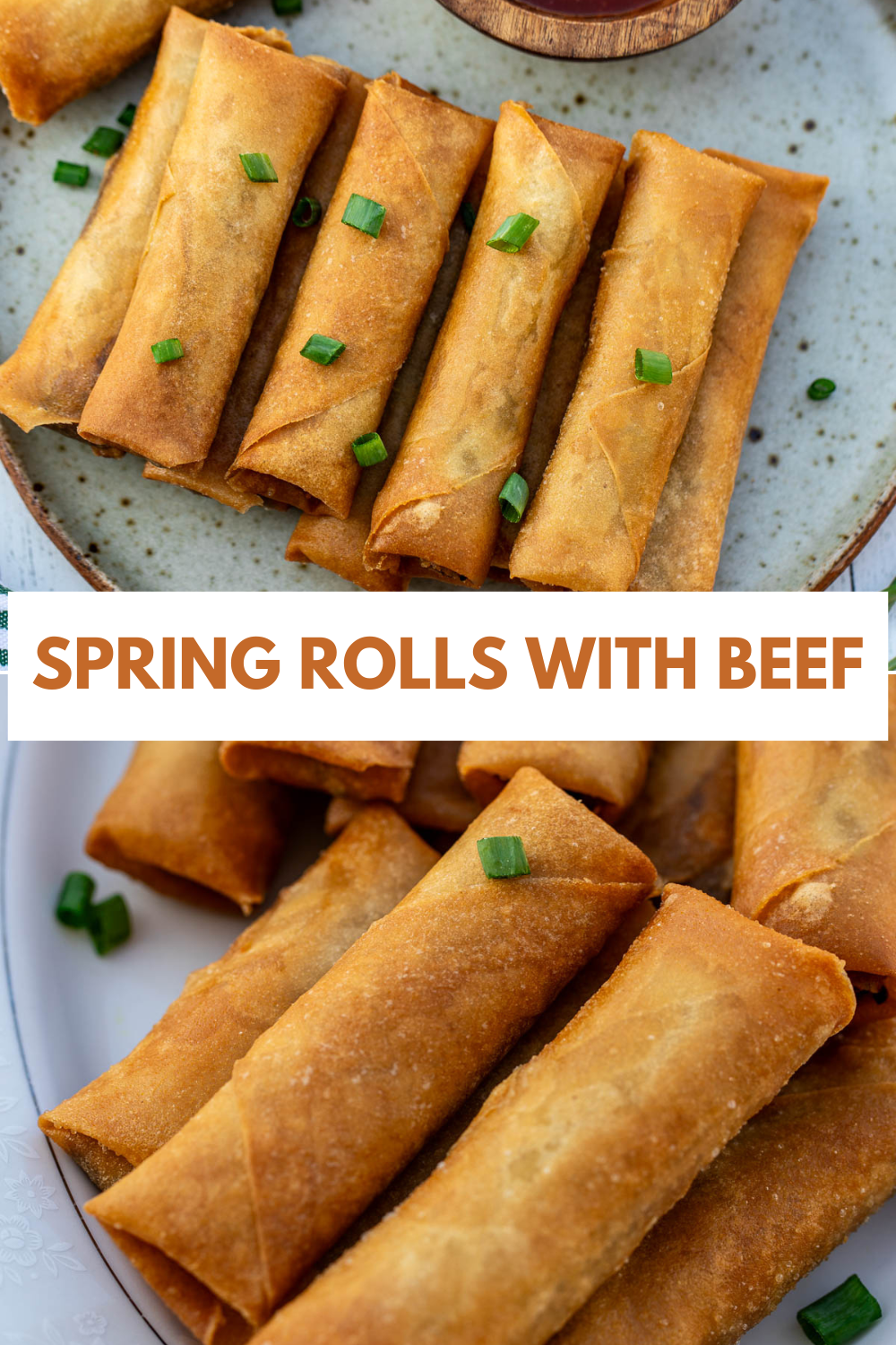 Collage of 2 pictures of beef spring rolls.