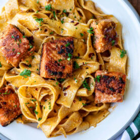 Plated Cajun Pasta With Salmon.