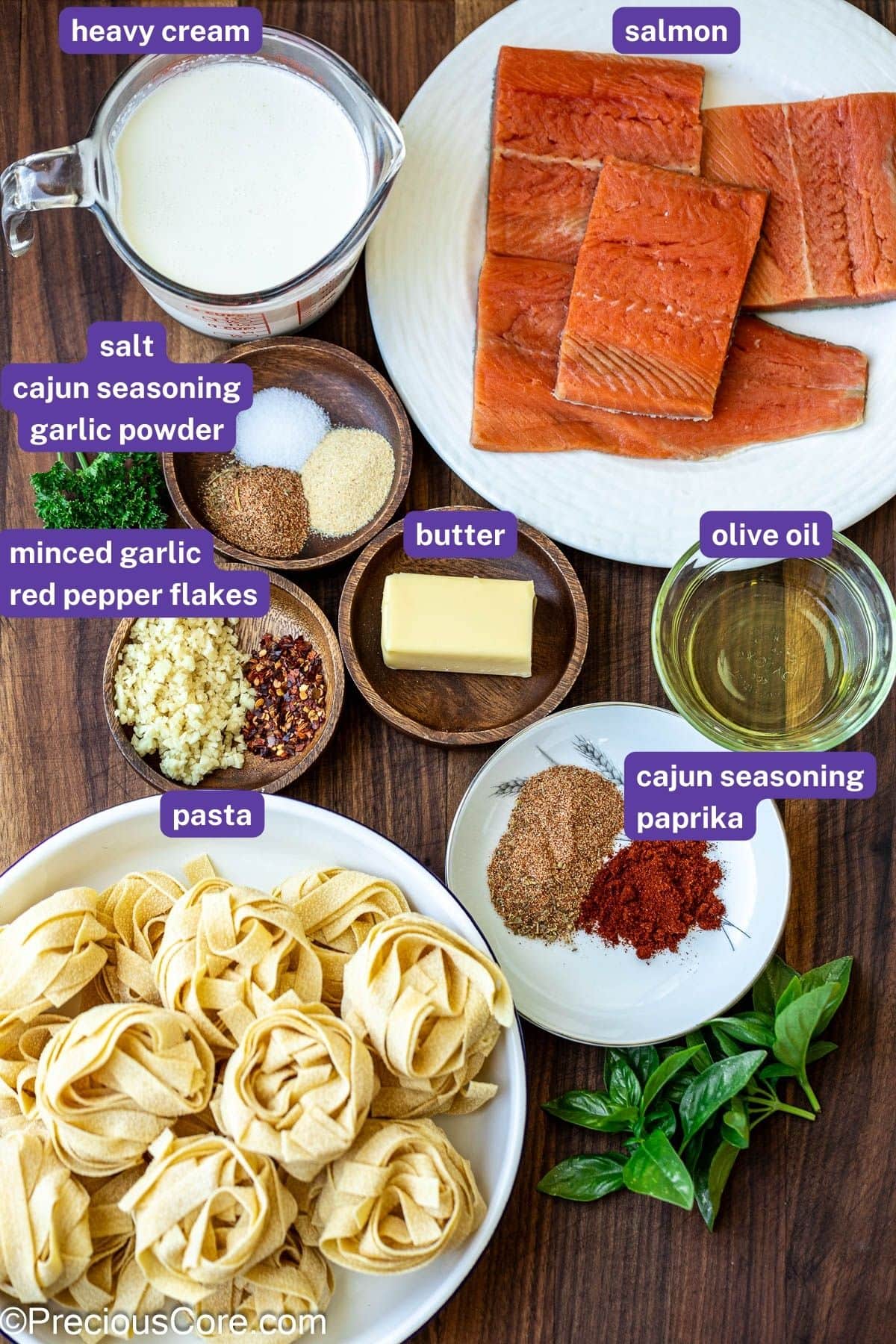 Ingredients needed for Cajun Pasta With Salmon.