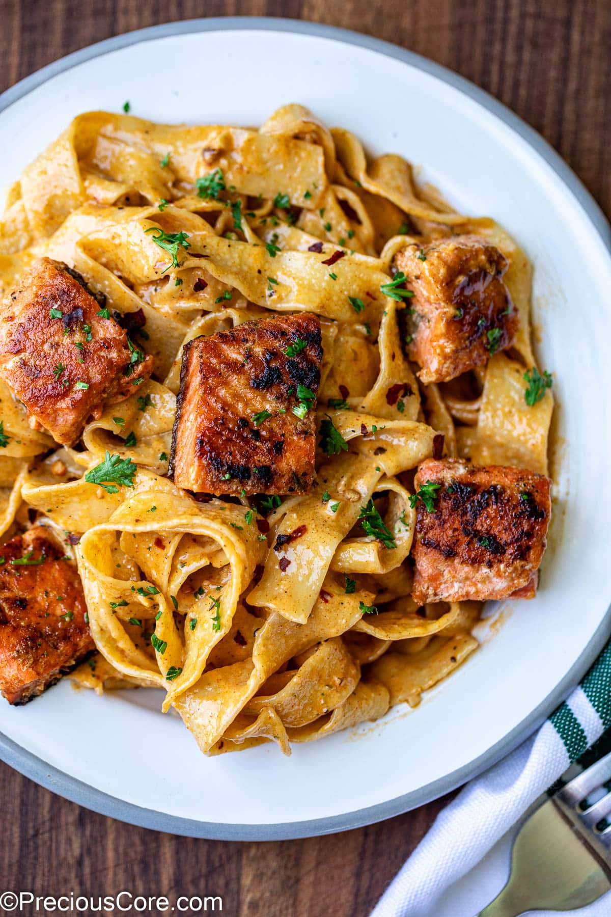 Plated Cajun Pasta With Salmon.