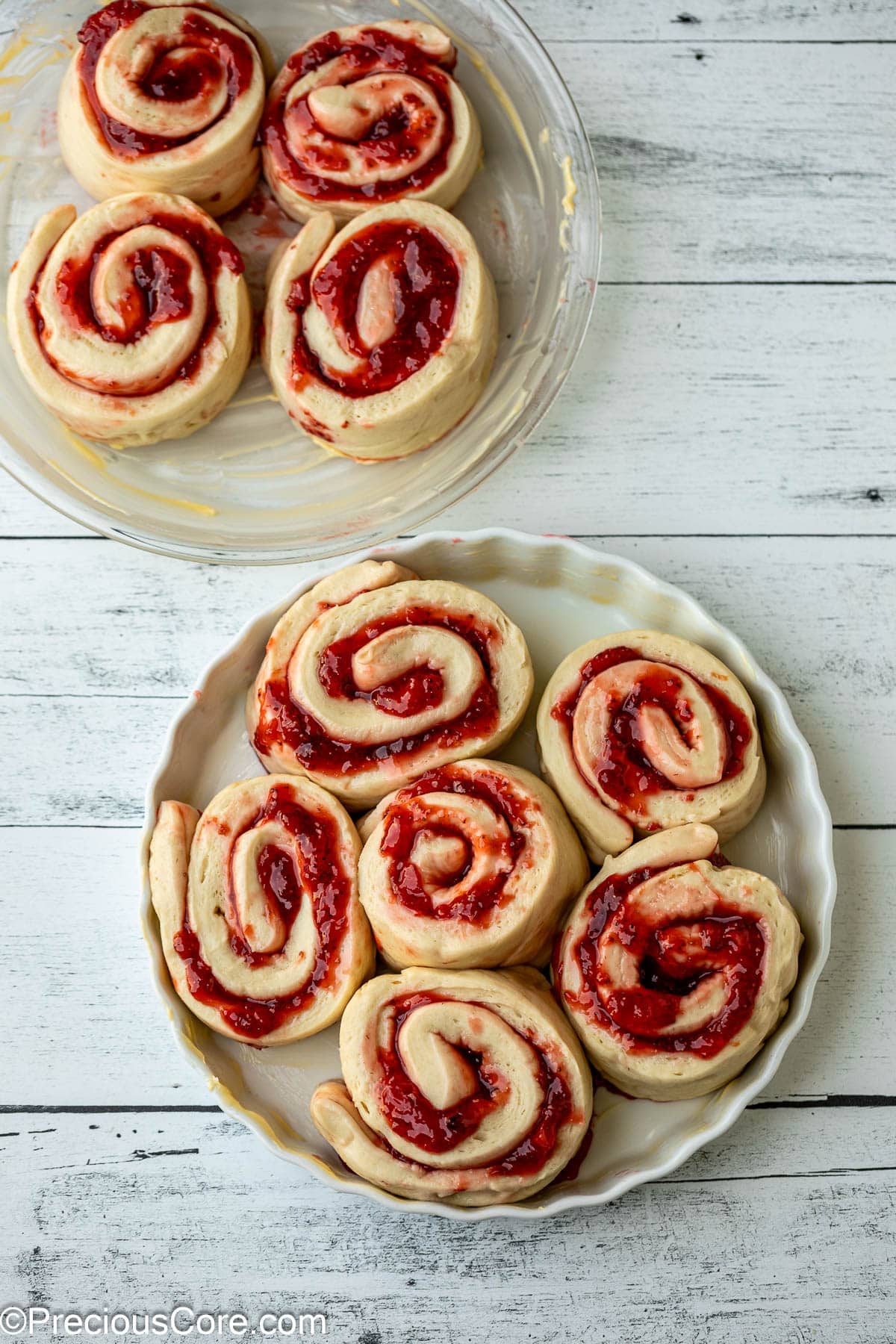 Unbaked strawberry cinnamon rolls.