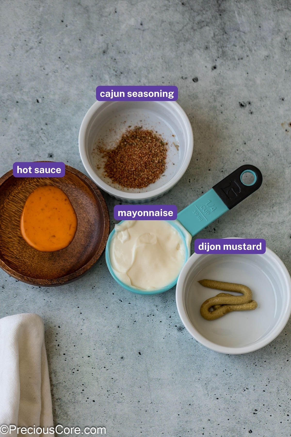 Measured ingredients for mayonnaise sauce.