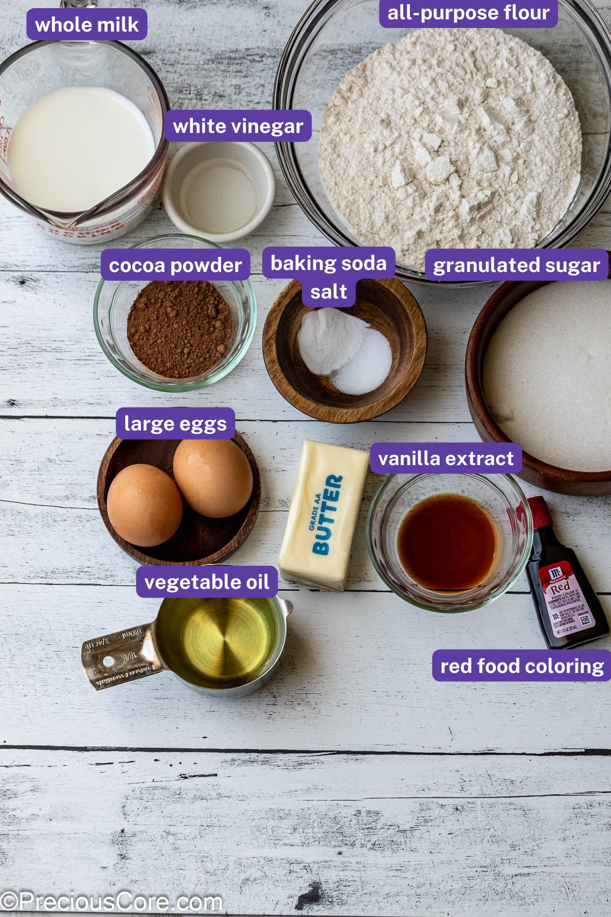 Ingredients for red velvet cake recipe without buttermilk.