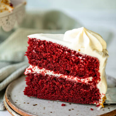 Square image of red velvet cake.