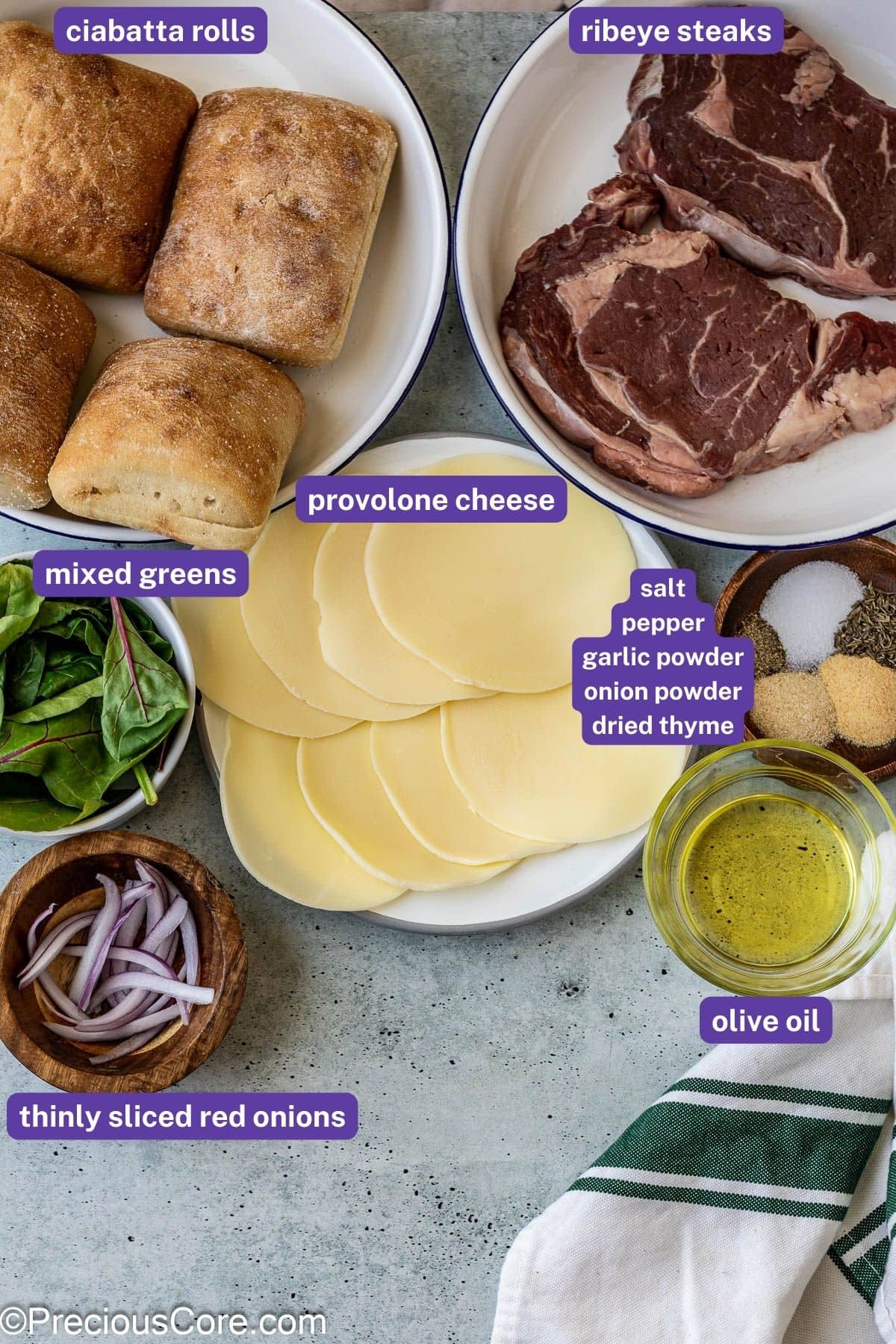 Ingredients needed for steak sandwiches.