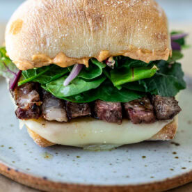 Ribeye Steak Sandwich with ciabatta bread.