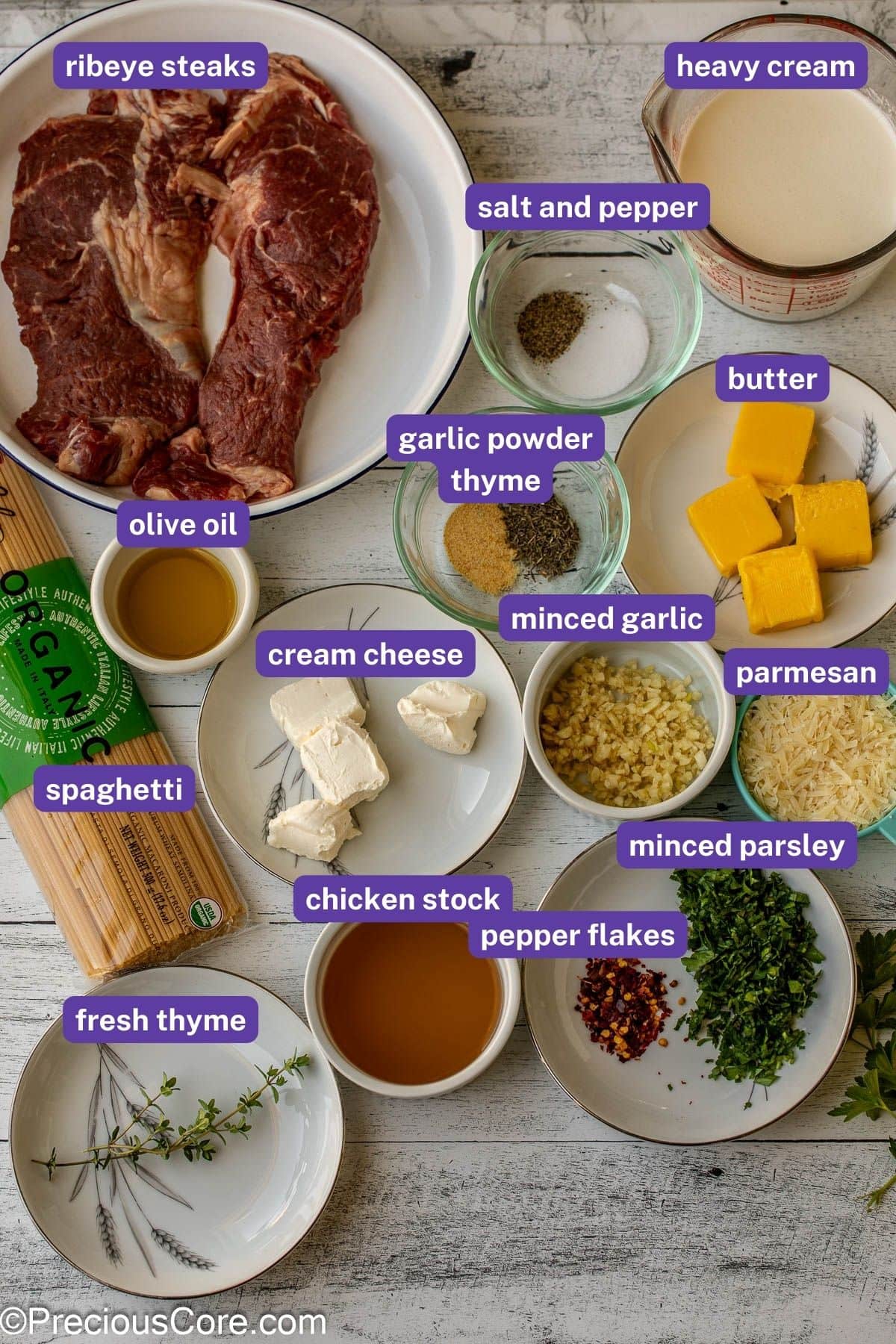 Measured ingredients for Steak and Pasta recipe.