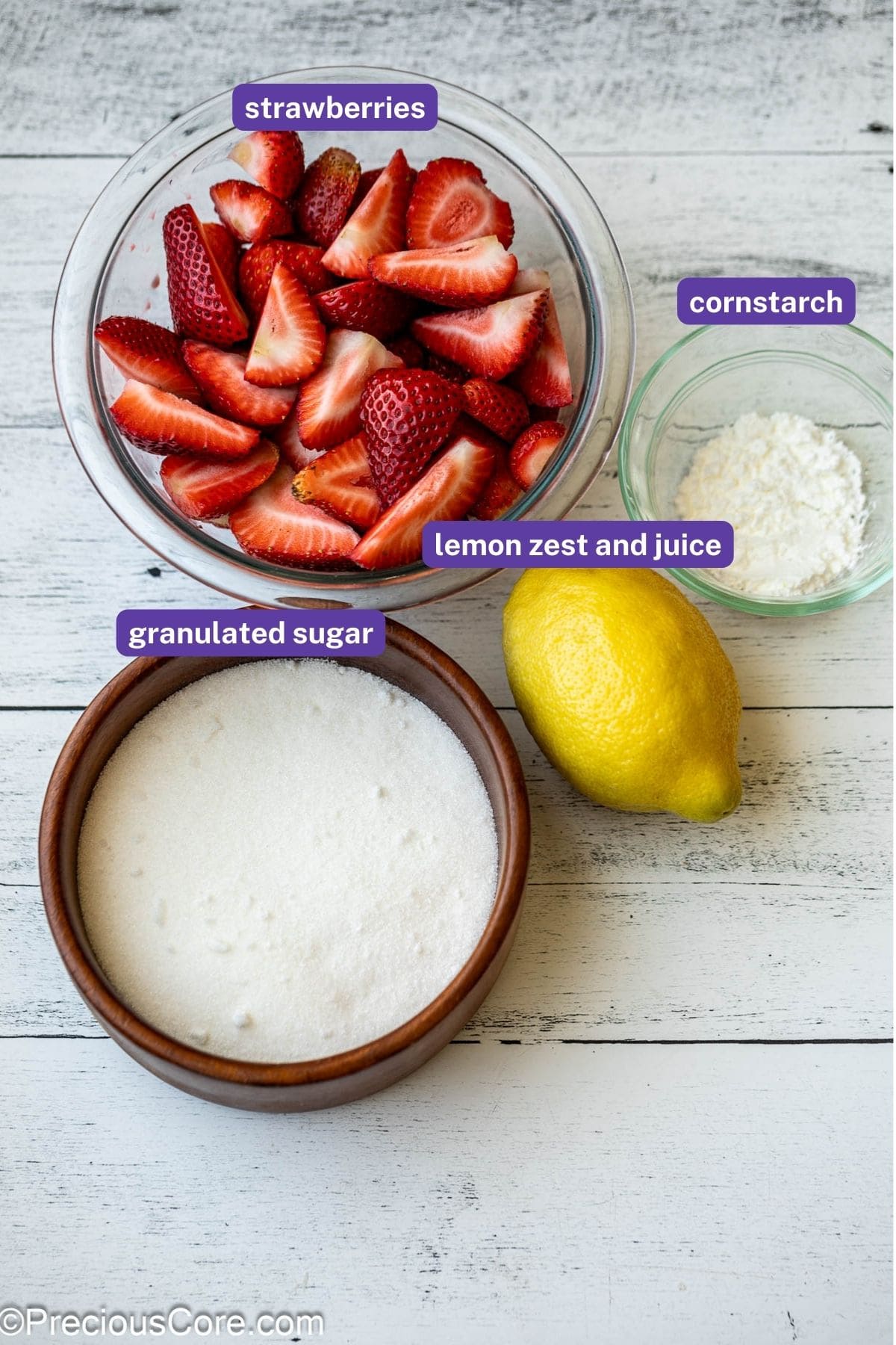 Ingredients needed for strawberry compote.