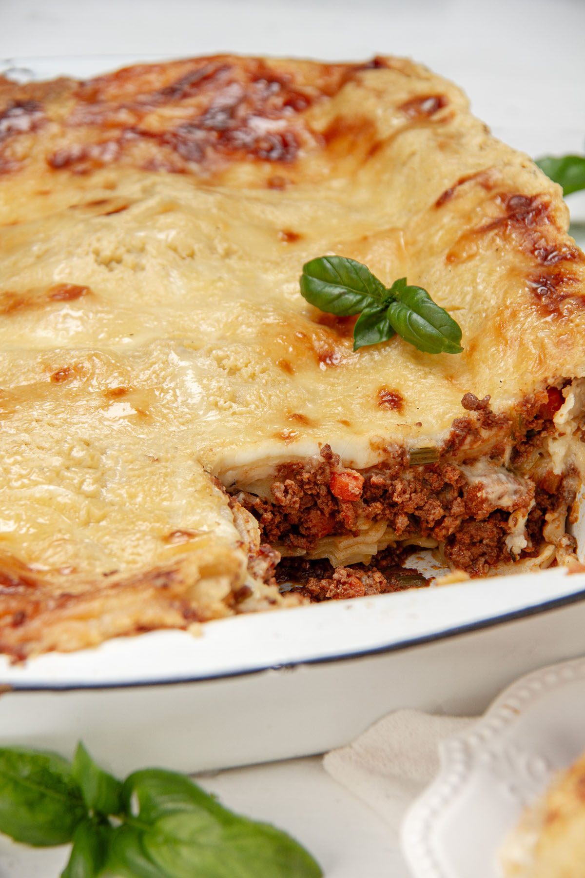 Dish of baked lasagna with béchamel.