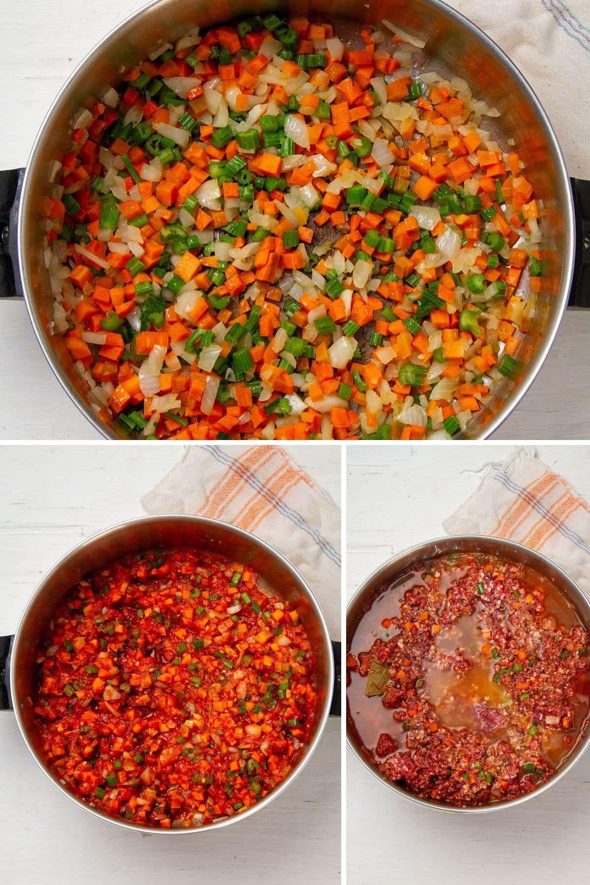 Collage of 3 pictures showing the steps for making ragu sauce.