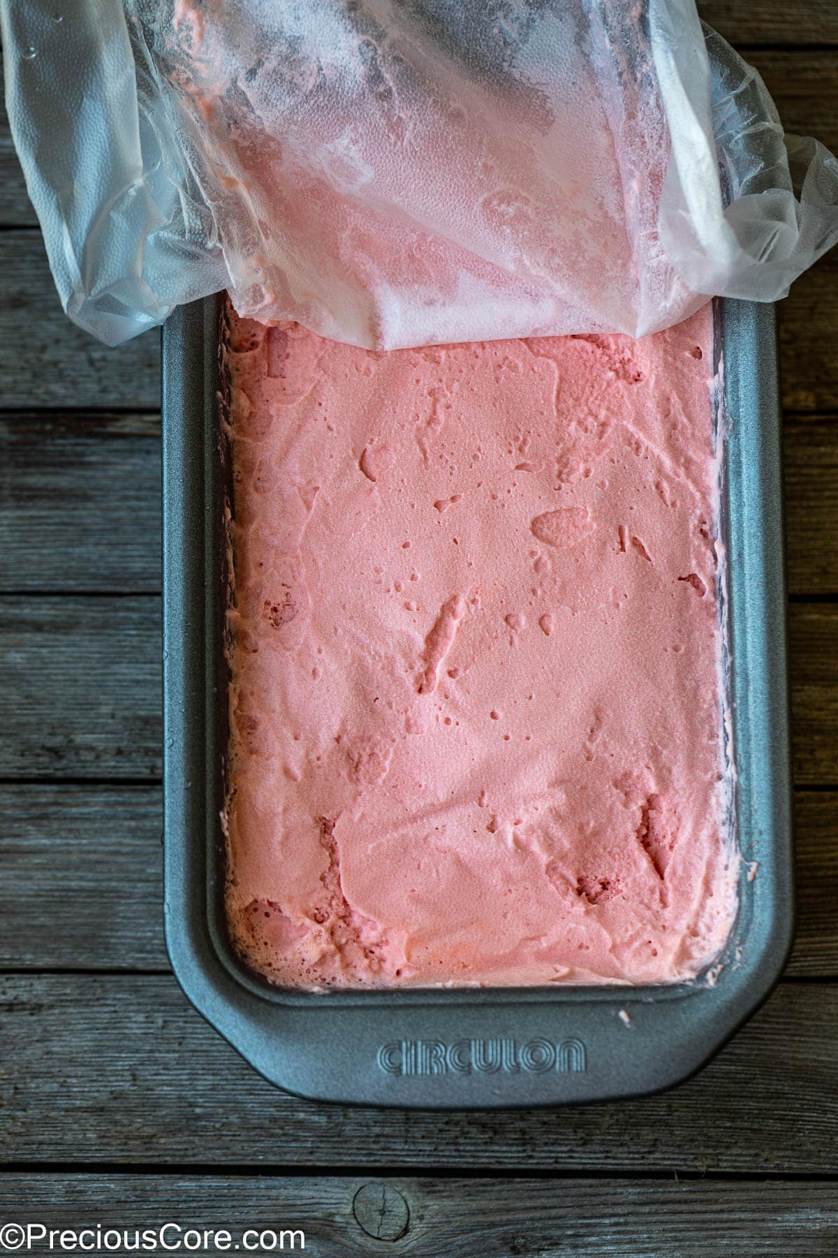 Watermelon ice cream after freezing.