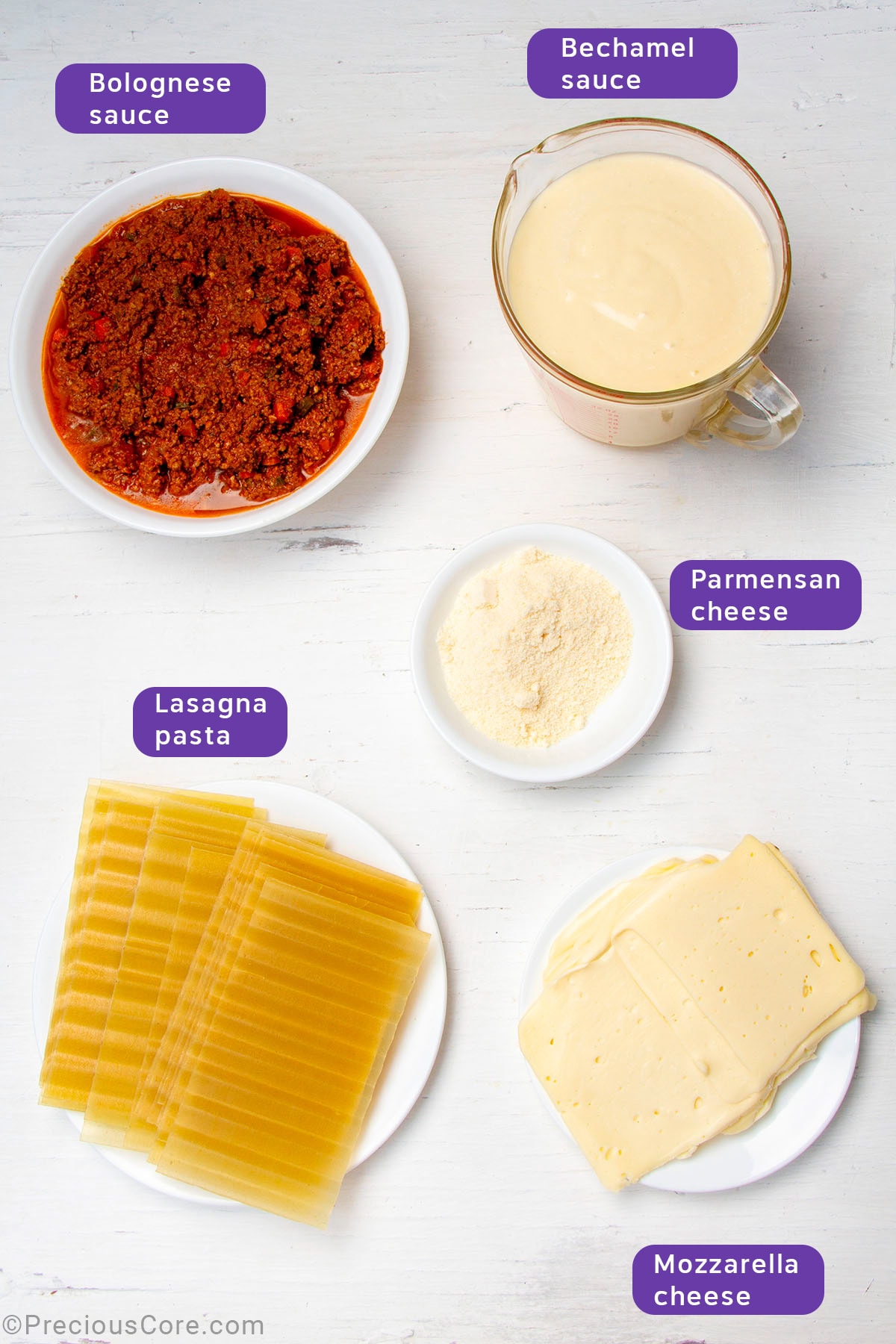 Ingredients for lasagna with béchamel sauce.