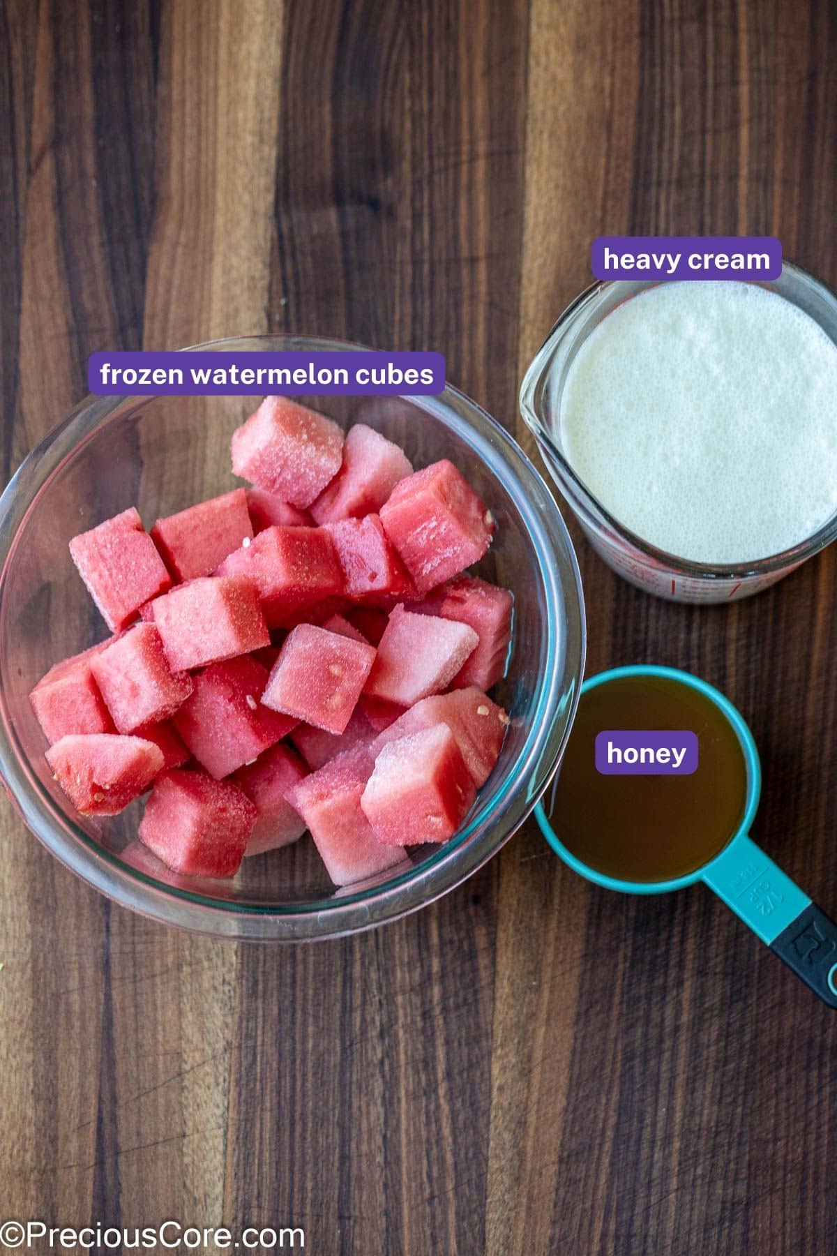 Ingredients needed to make homemade watermelon ice cream.