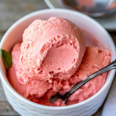 Bowl of homemade watermelon ice cream.