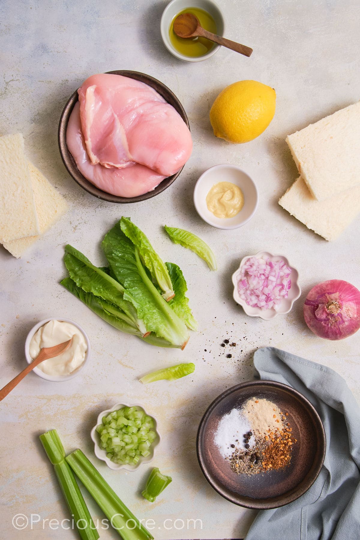 Ingredients for chicken sandwich with mayo.