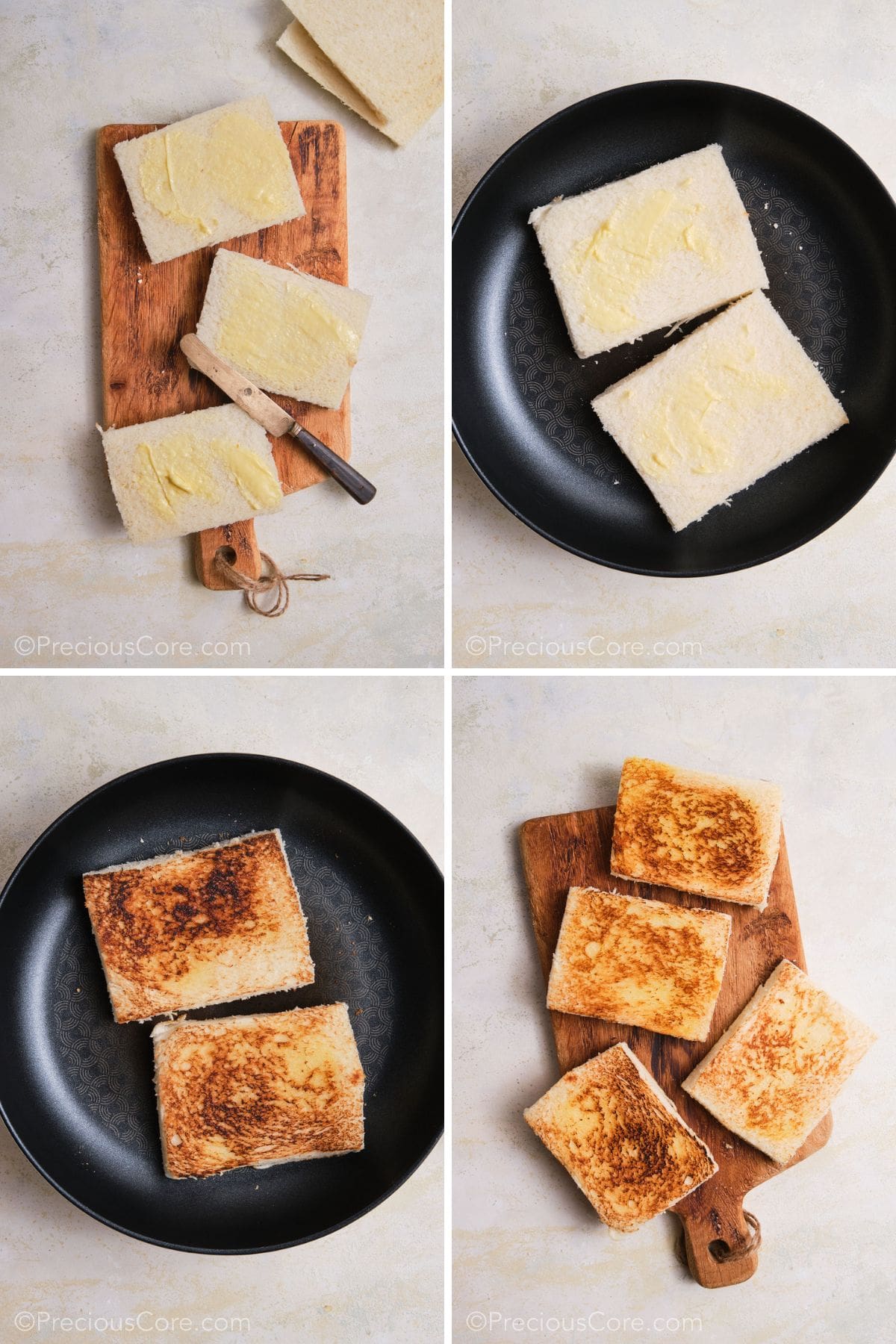 Buttering and toasting white bread for sandwiches.