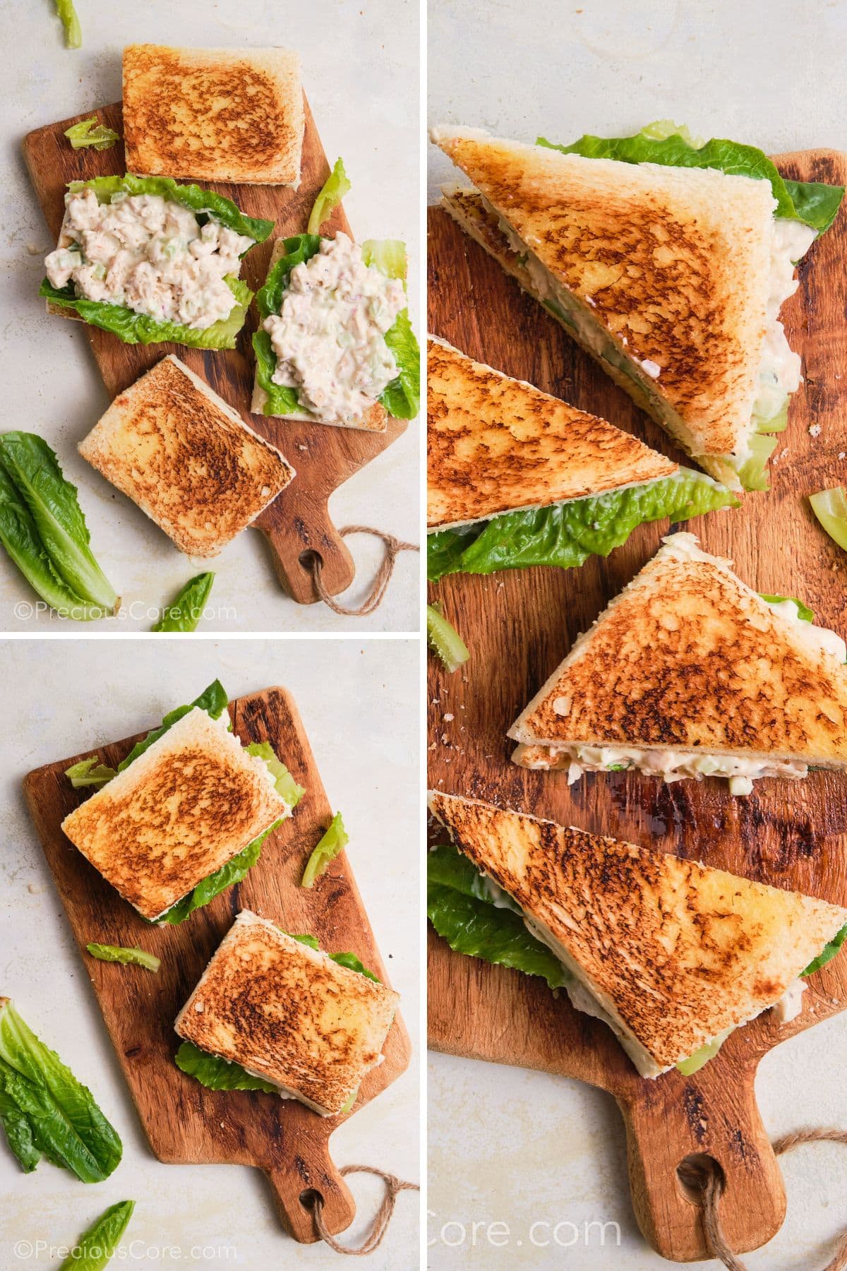 Assembling chicken mayonnaise sandwiches with lettuce.