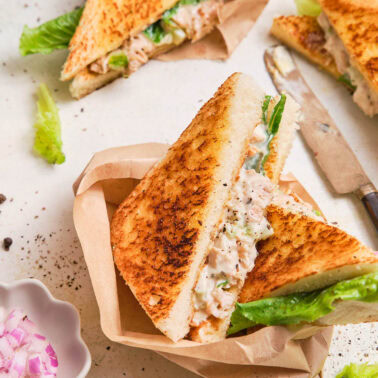 Square image of chicken mayonnaise sandwich.