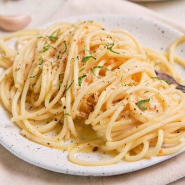 Square close-up image of lemon pasta.