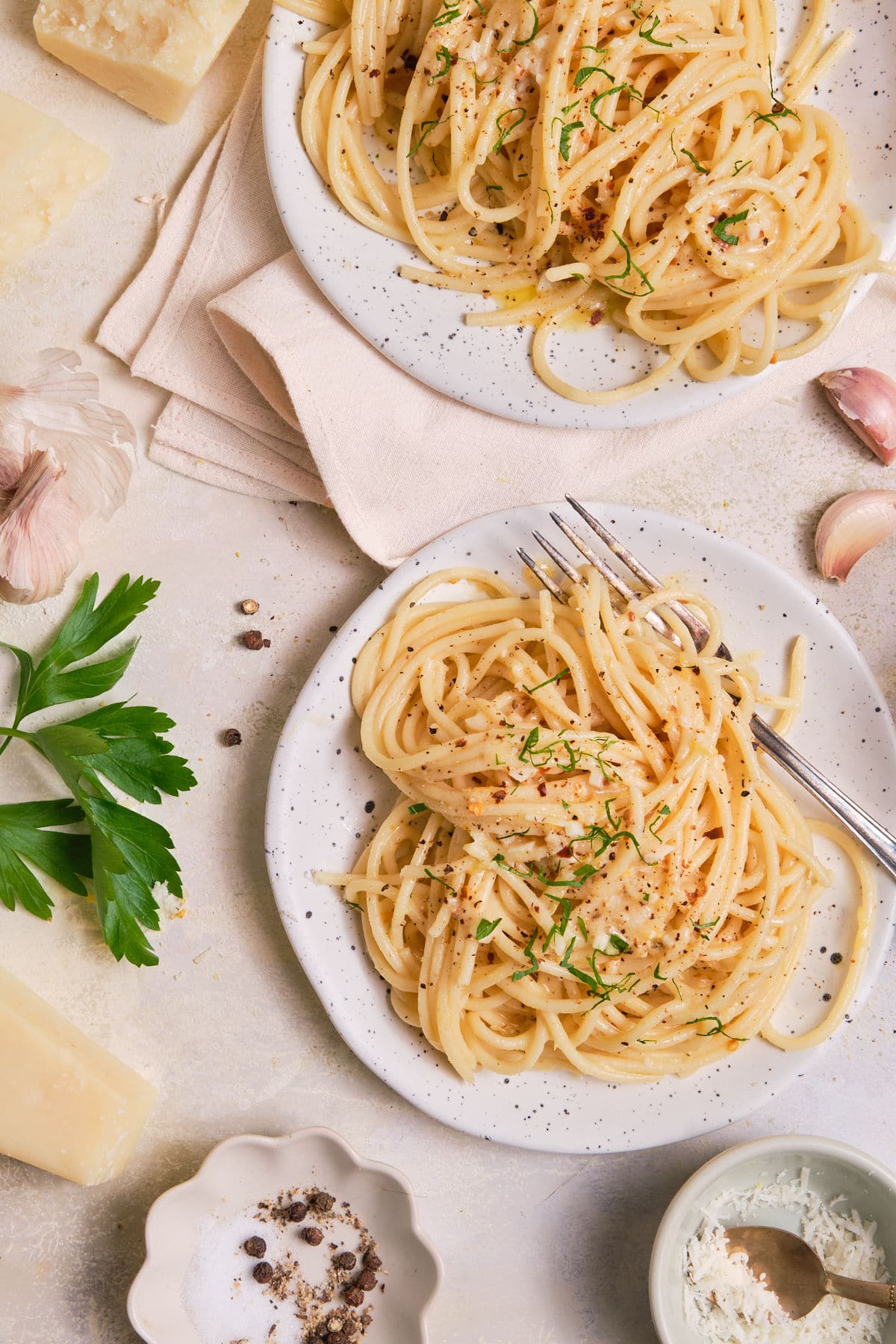 Lemony pasta served on a plate.