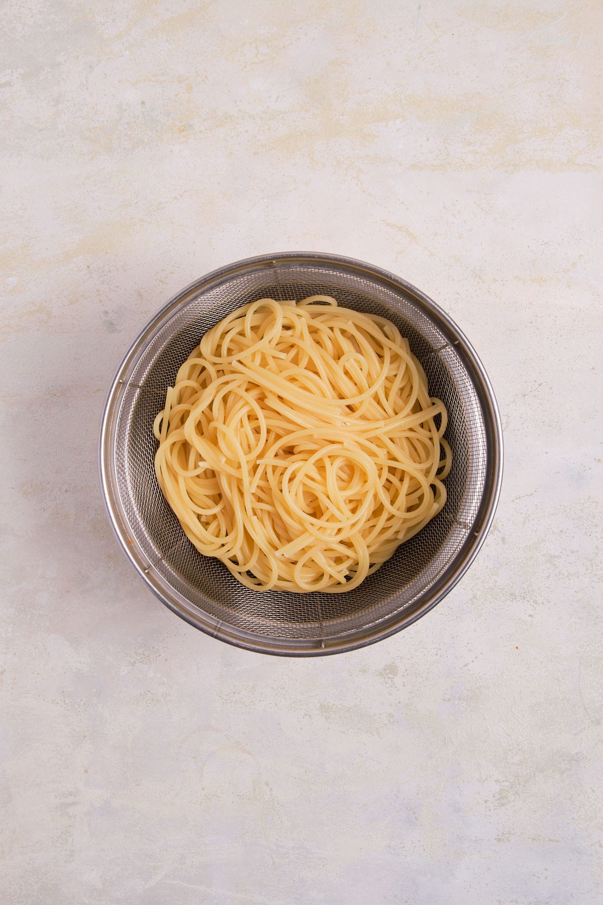 Drained Pasta in a Colander.