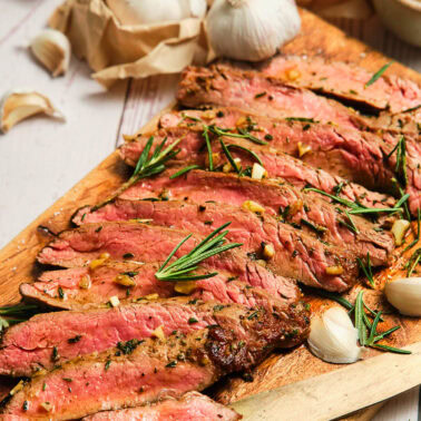 Square image of pan seared flank steak.