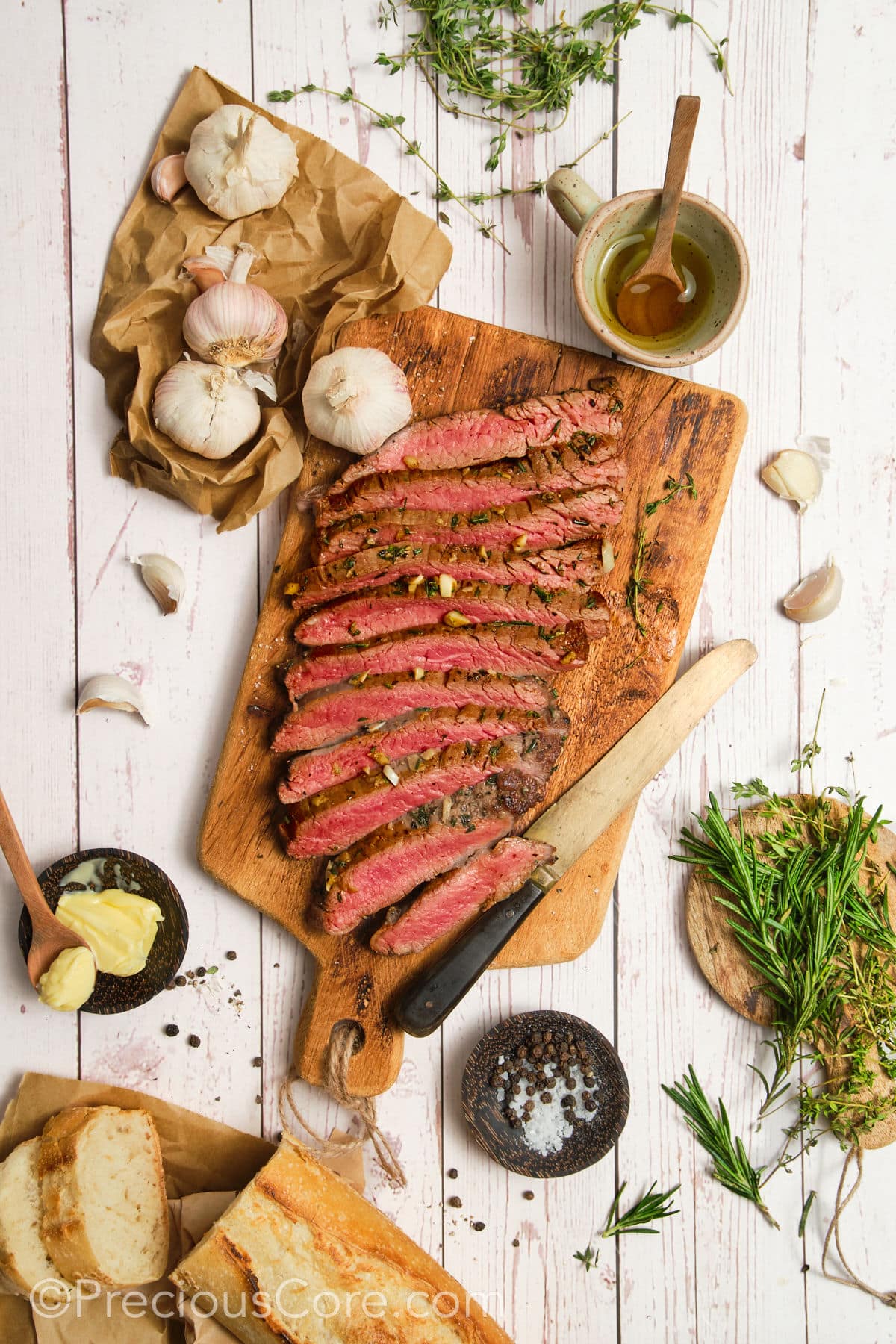 Flank steak cut against the grain.