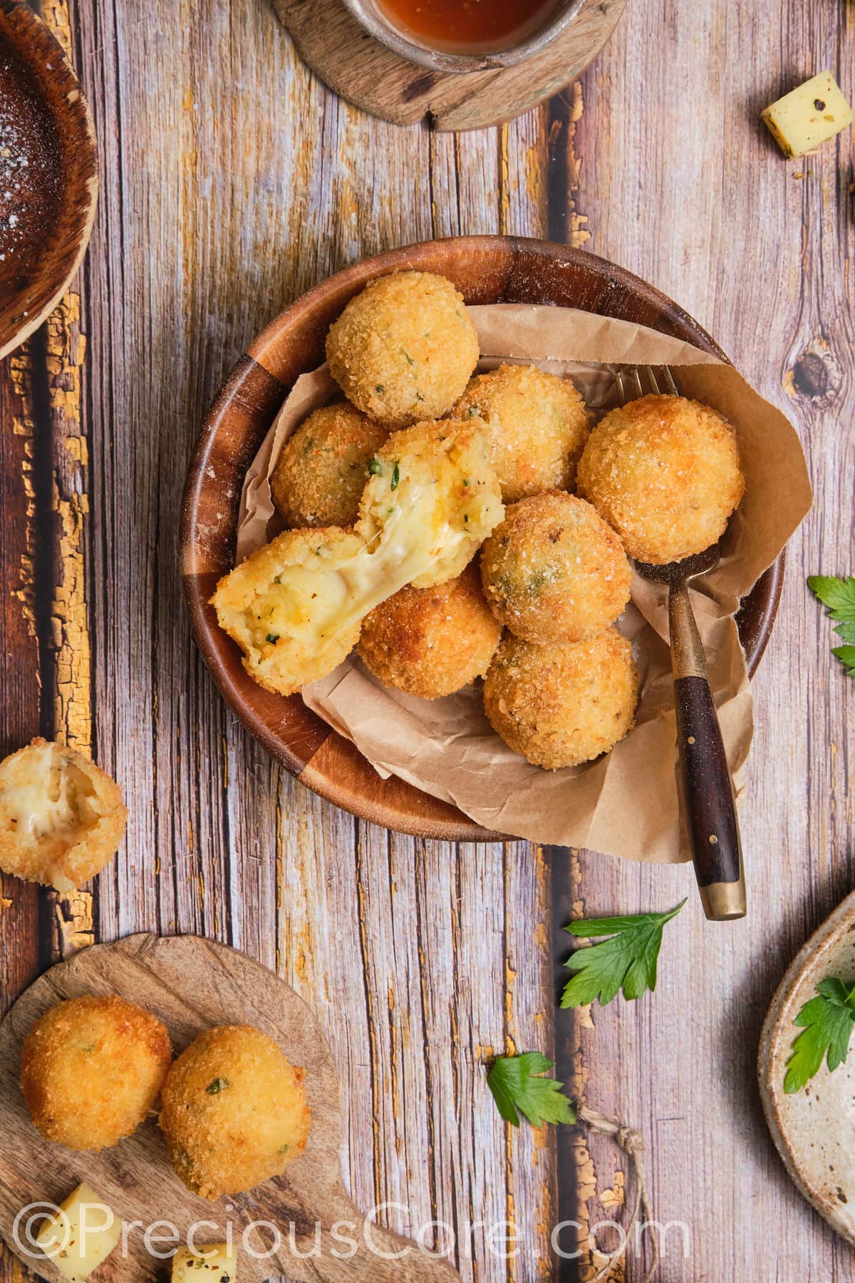 Overhead shot of cheese potato balls.