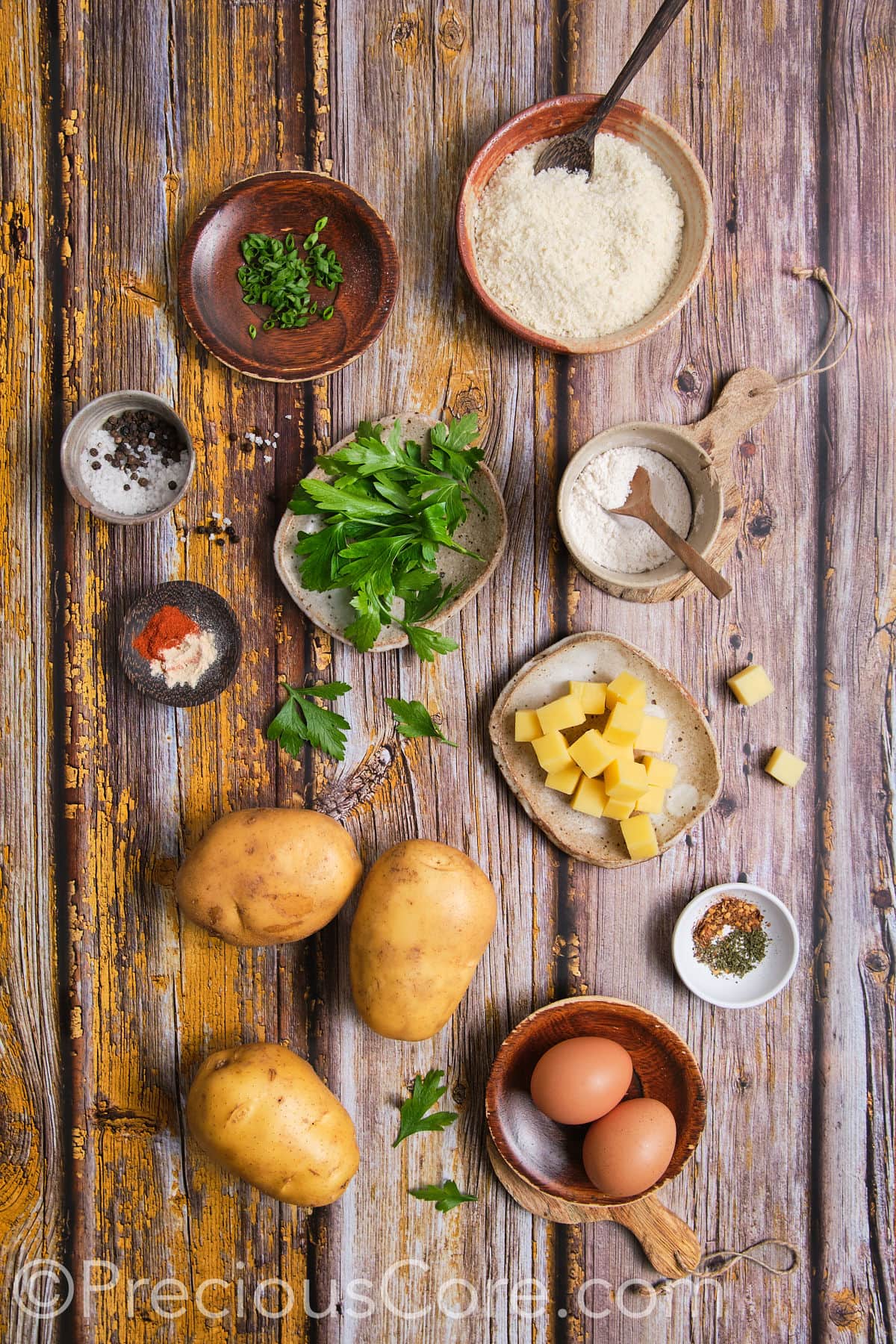 Ingredients for potato cheese balls.