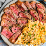 Image of homemade steak and eggs with text.