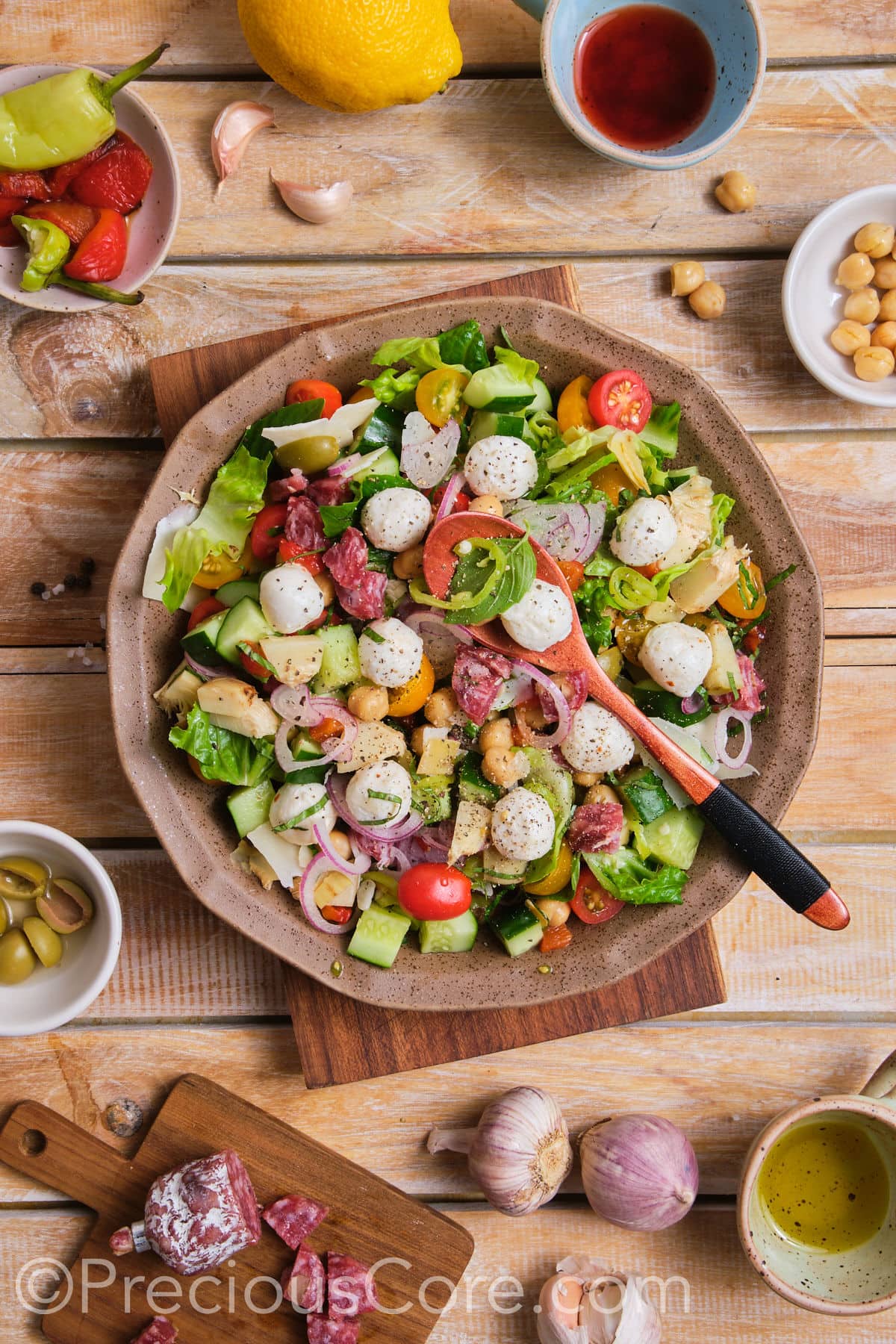 A bowl of chopped salad.