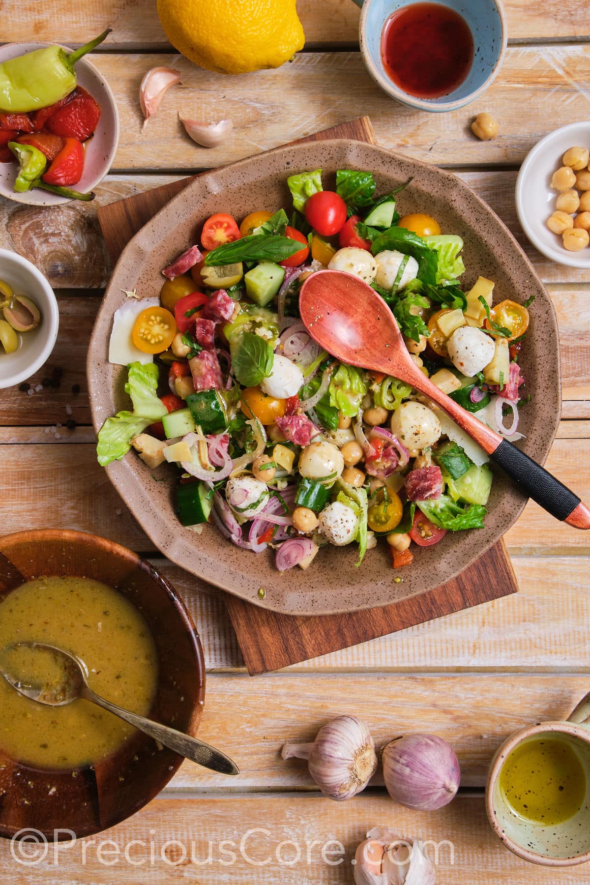 Mixed chopped salad with dressing.