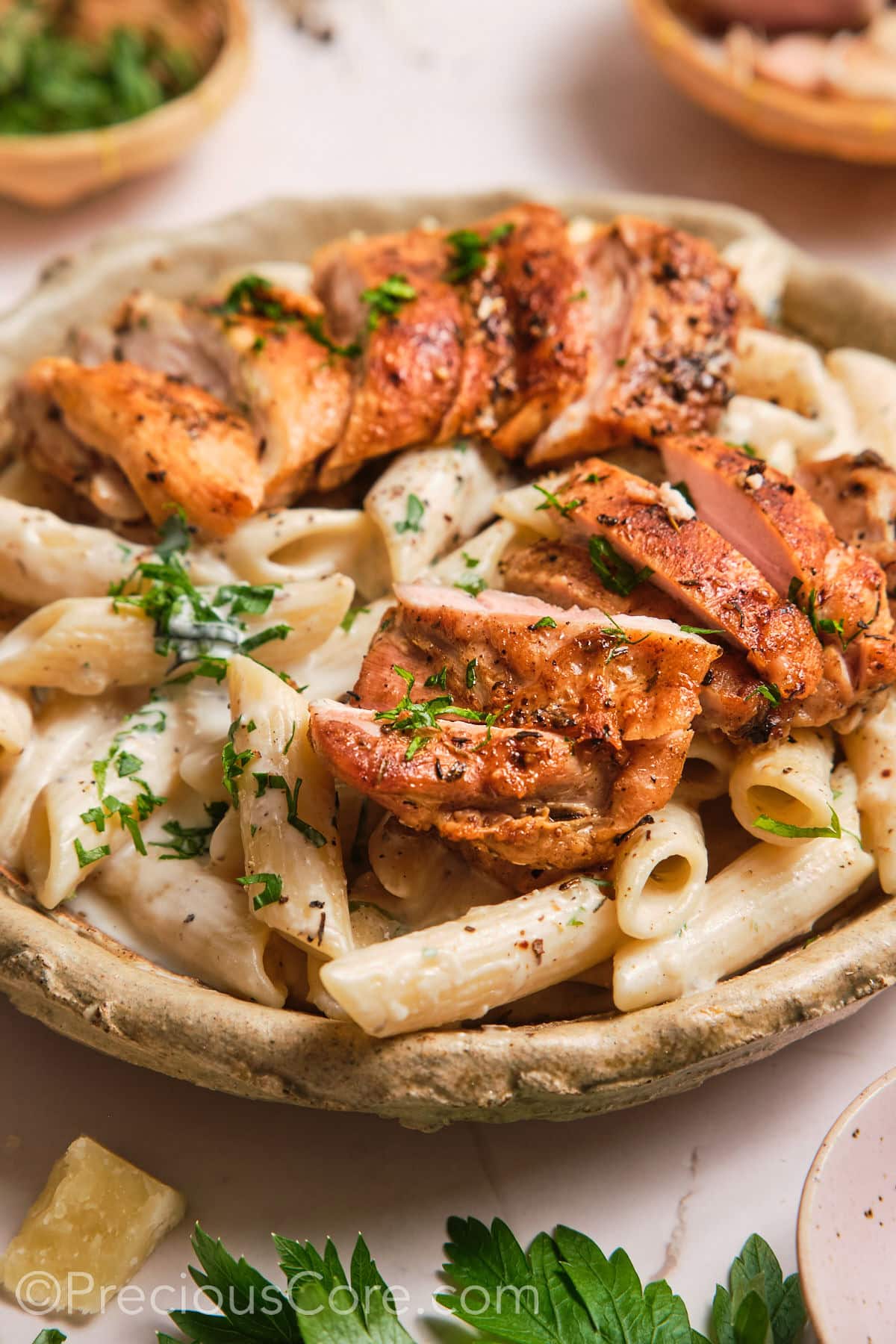 One pot creamy pasta chicken in a bowl.