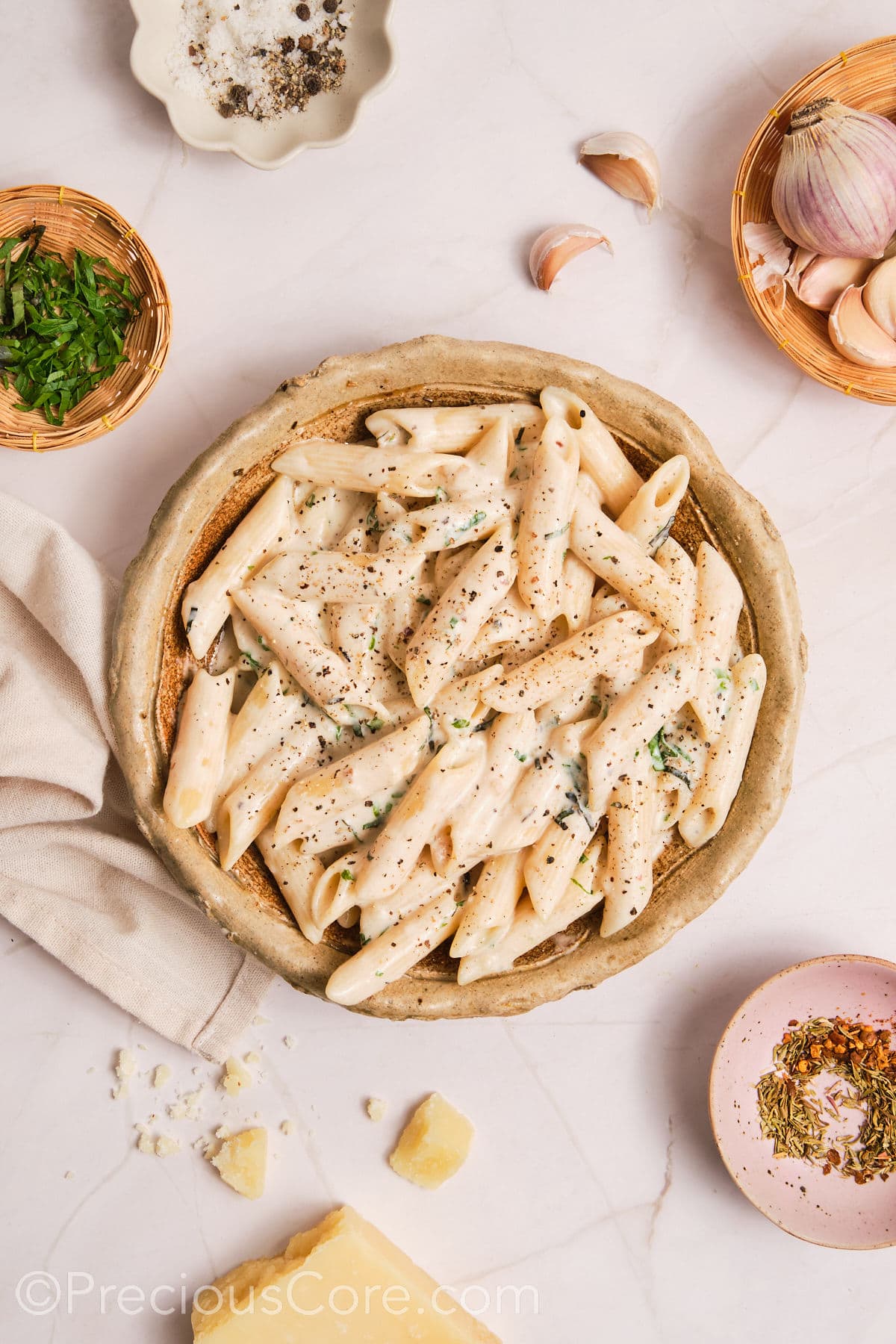 Creamy pasta served in a bowl.