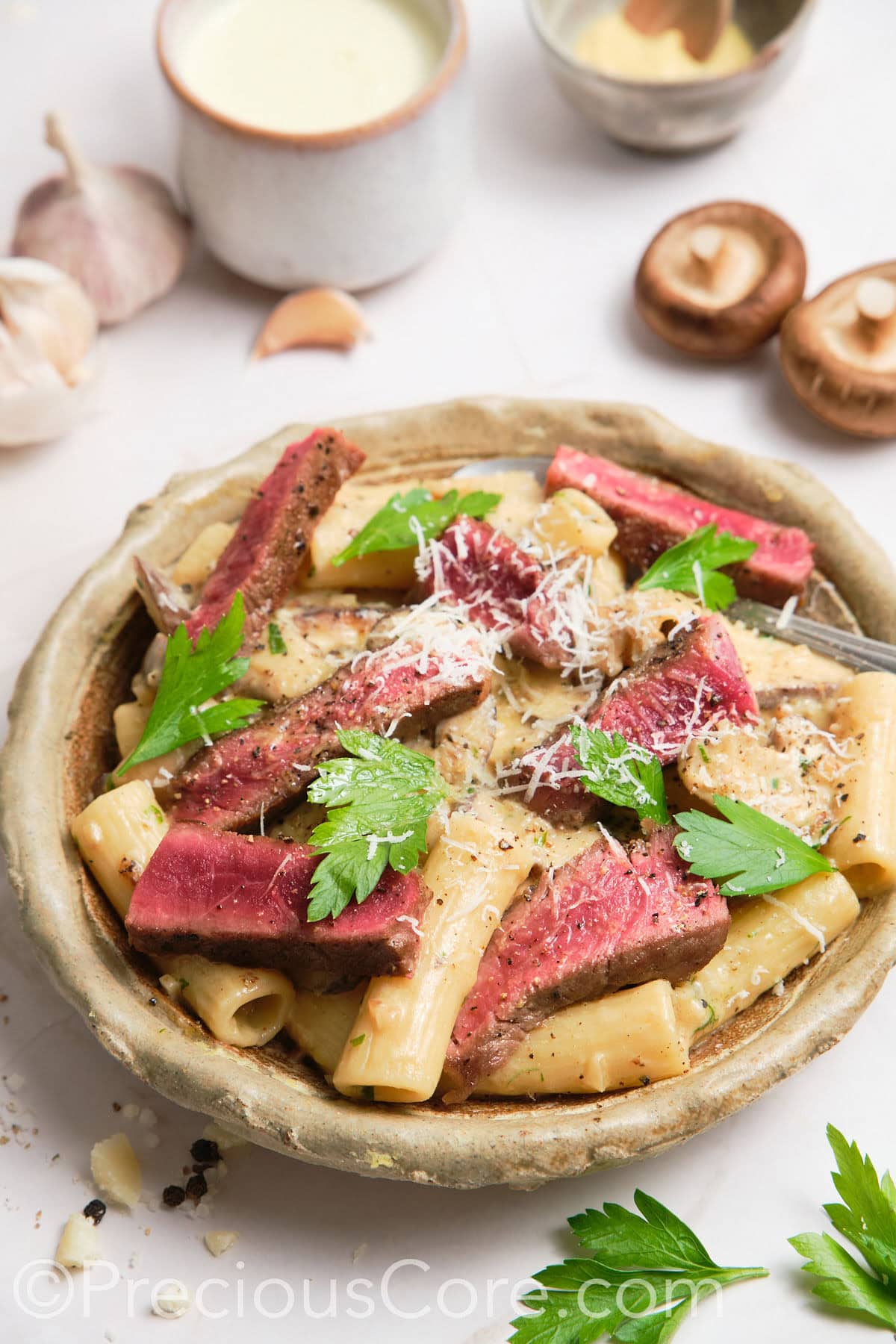 Steak pasta in a bowl.