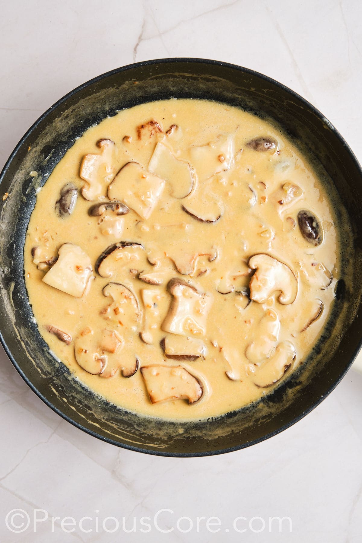 Creamy sauce cooked with mushrooms.