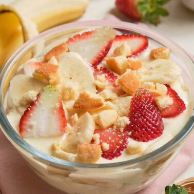 Square image of strawberry banana pudding.