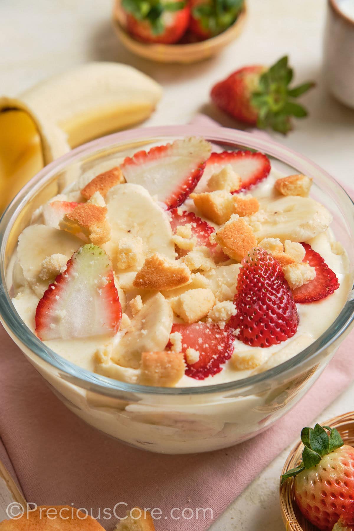 Strawberry Banana Pudding in a trifle dish.